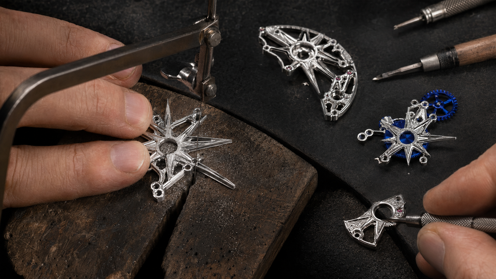 Werkstattaufnahme der kristallartigen Handskelettierung und Gravur für Ice Crystal