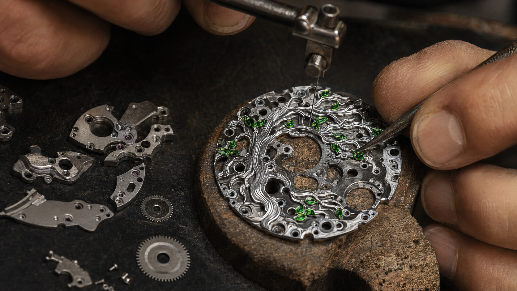 Werkstattaufnahme der handgravierten und skelettierten Baumstruktur der Tree of Luck