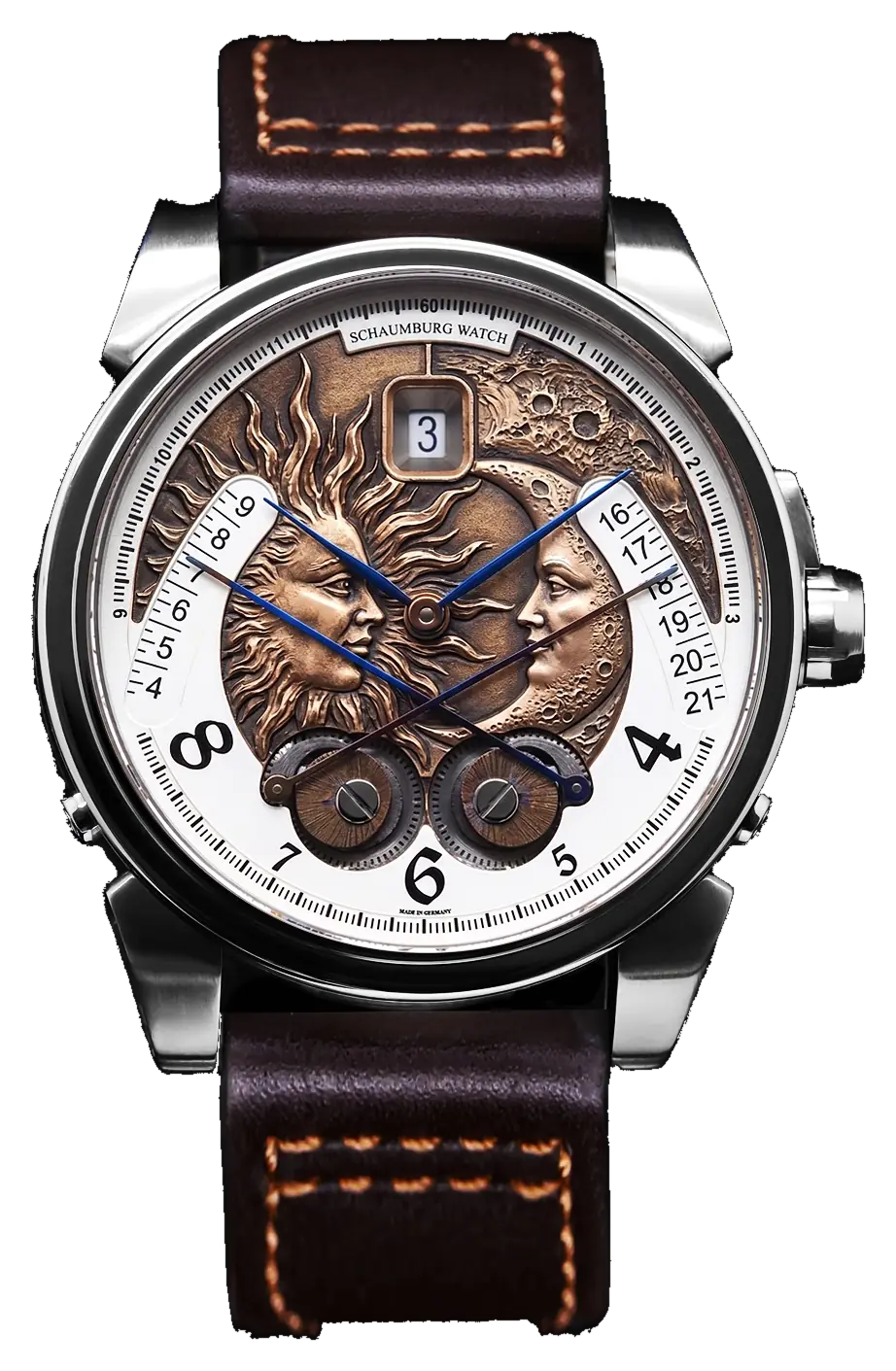 Handgravierte Schaumburg Watch SolSequor mit Sonnen- und Mondmotiv