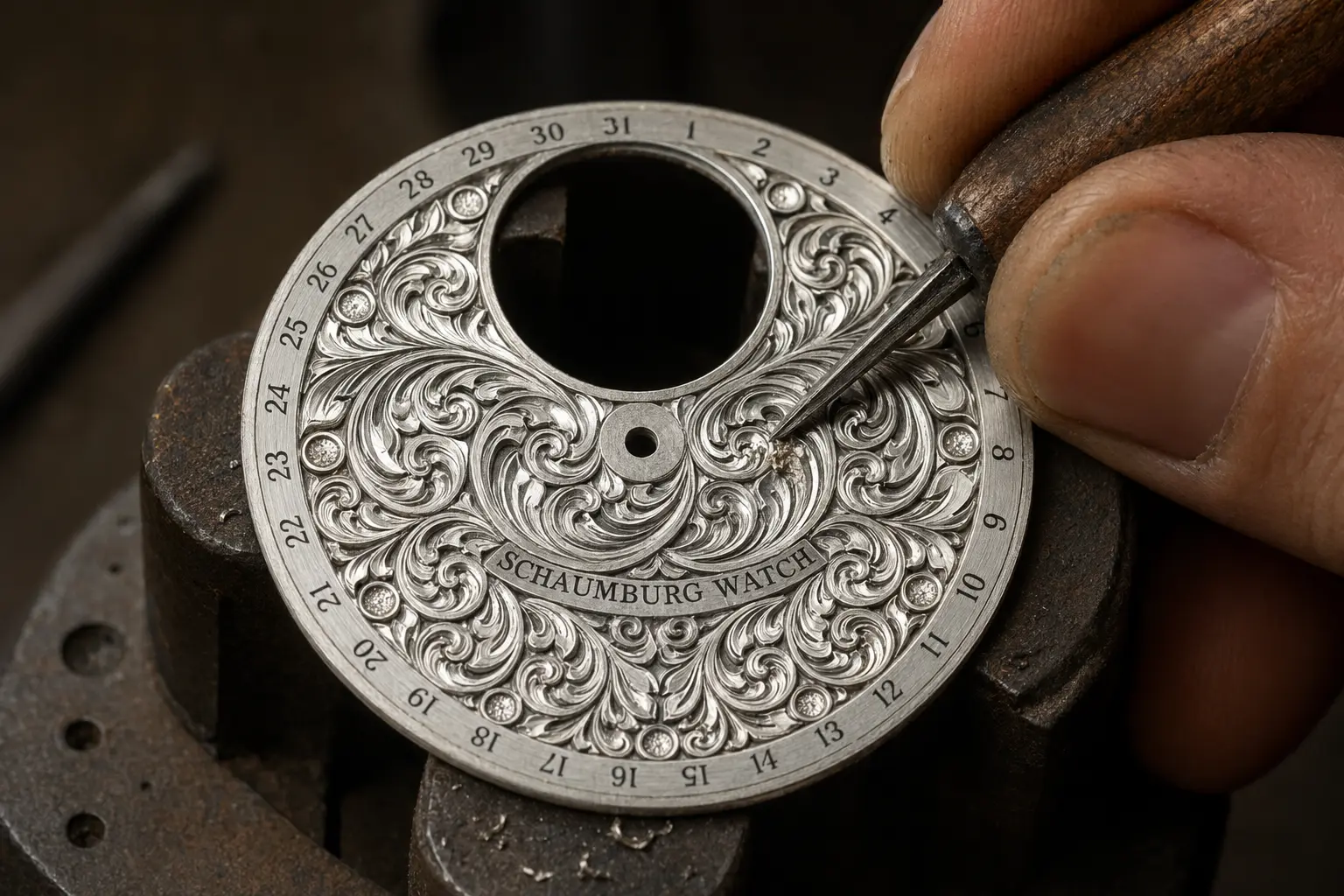 Handgravur des Zifferblatts der MooN HANDMADE Edition 16