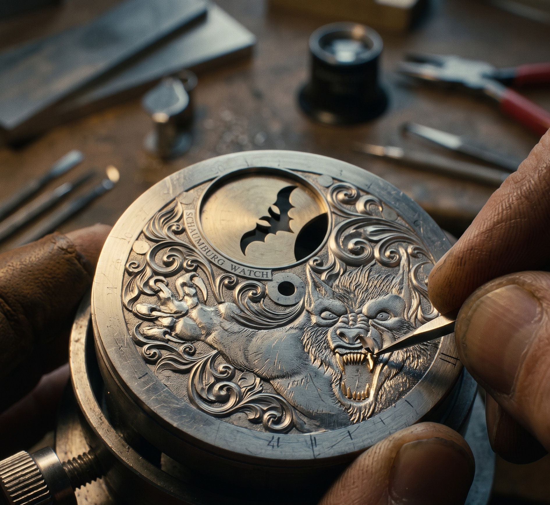 Handgravur für die ArtiSculpt-Uhr MooN Werwolf