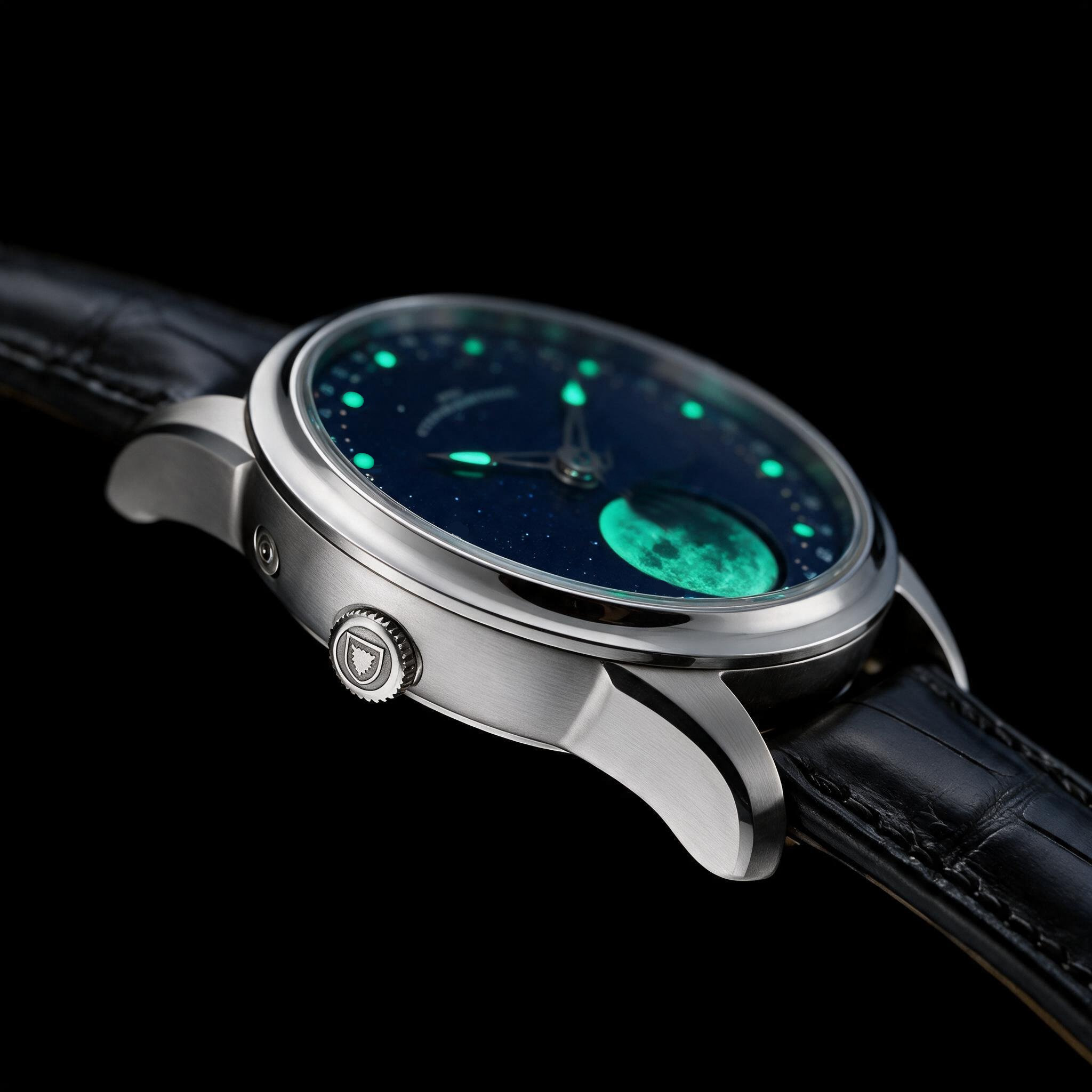 MooN Galaxy in Edelstahl mit blauem Zifferblatt und leuchtender Mondanzeige von schräg oben