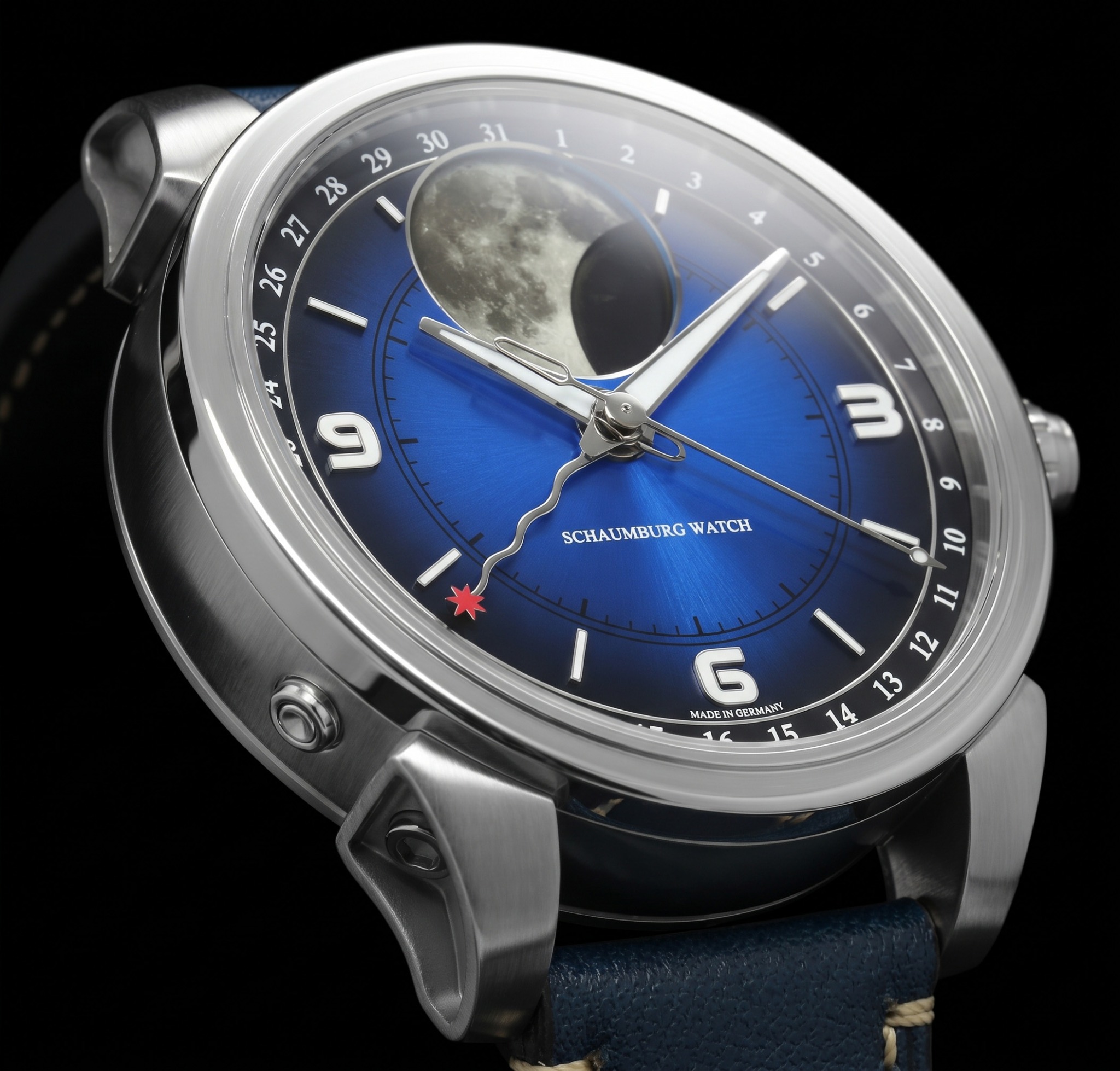 MooN Parallax I mit blauem Sonnenschliff und Mondphase, seitliche Ansicht