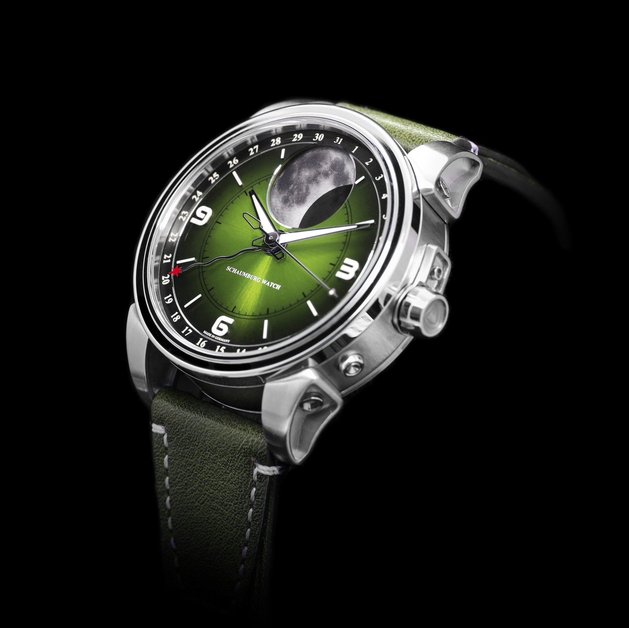 Seitliche Perspektive der Schaumburg Watch MooN Perpetual Parallax II in Grün