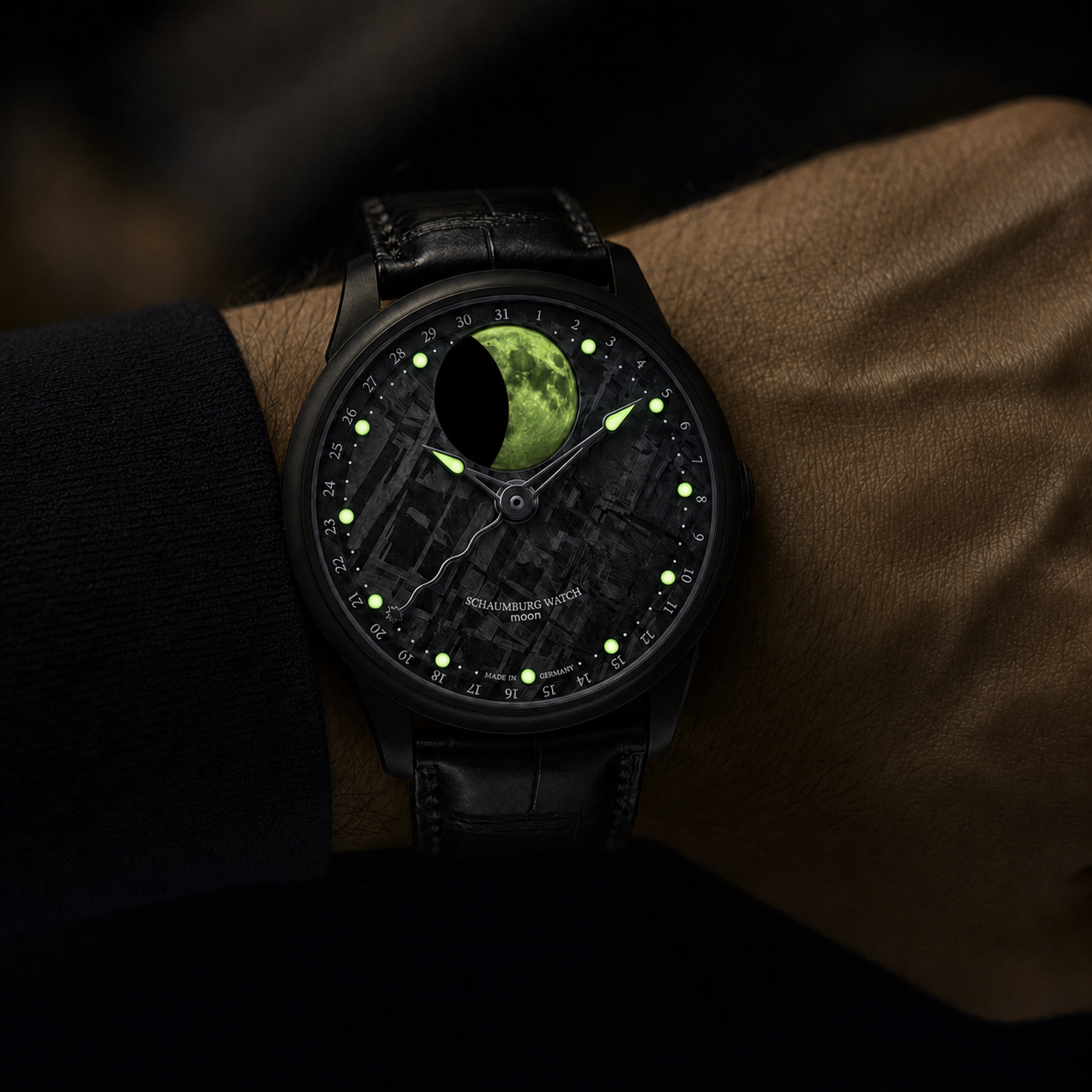 Schaumburg Watch Perpetual MooN bei Nacht mit leuchtendem Mond, Zeigern und Stundenindizes