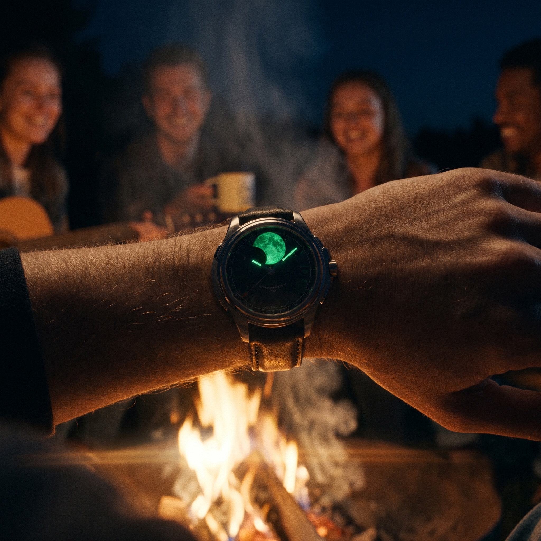 Urbanic MooN 2 mit leuchtender einzelner Mondanzeige am Arm bei Nacht