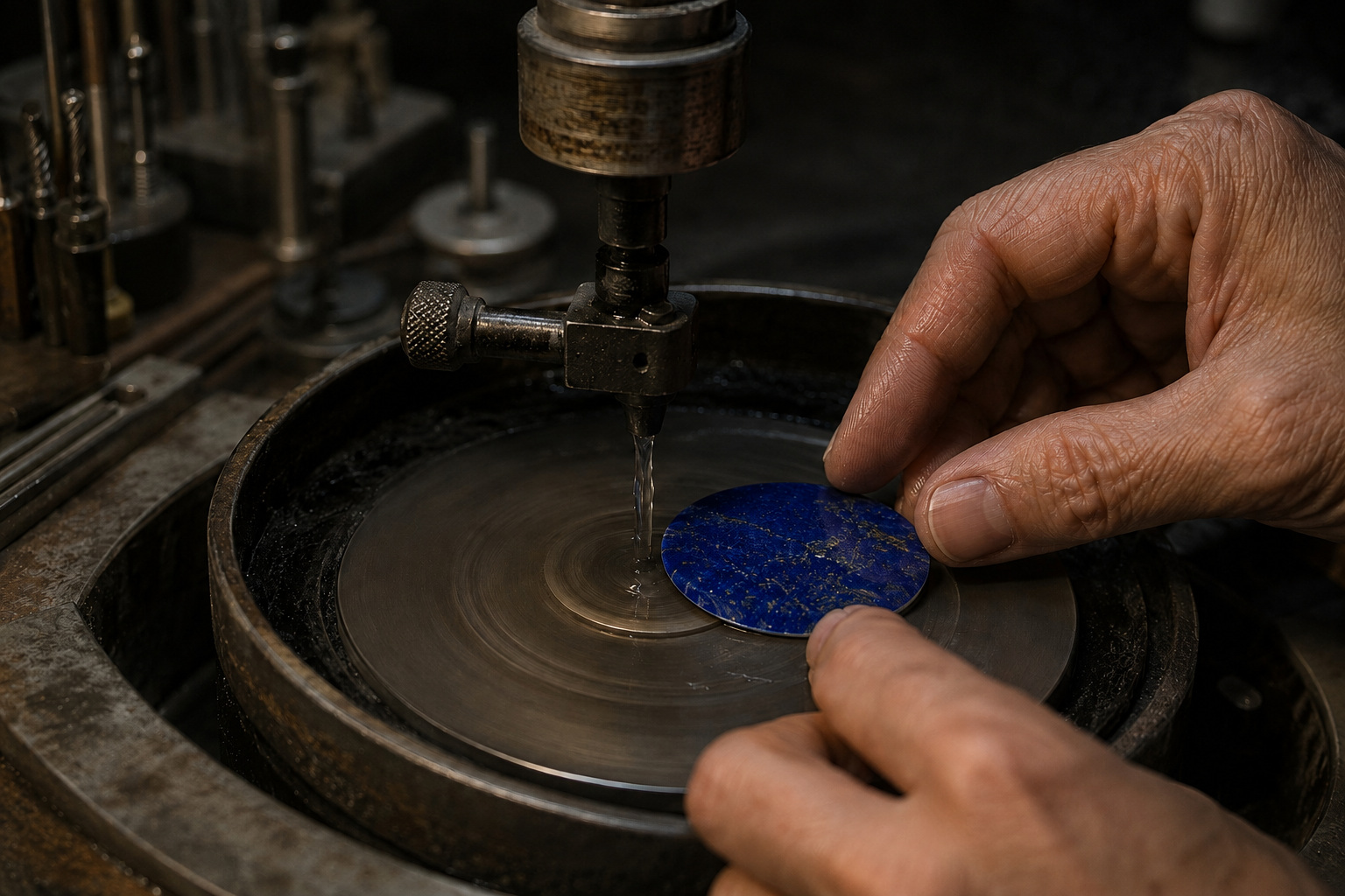 Dünner Lapislazuli-Zifferblattrohling wird in einer Werkstatt von Hand poliert