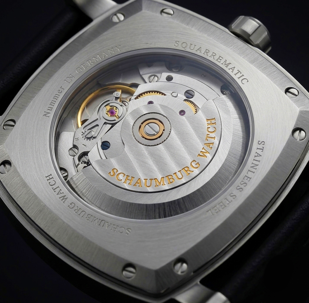 Squarematic-Gehäuseboden mit sichtbarem Automatikkaliber und Schaumburg-Watch-Rotor
