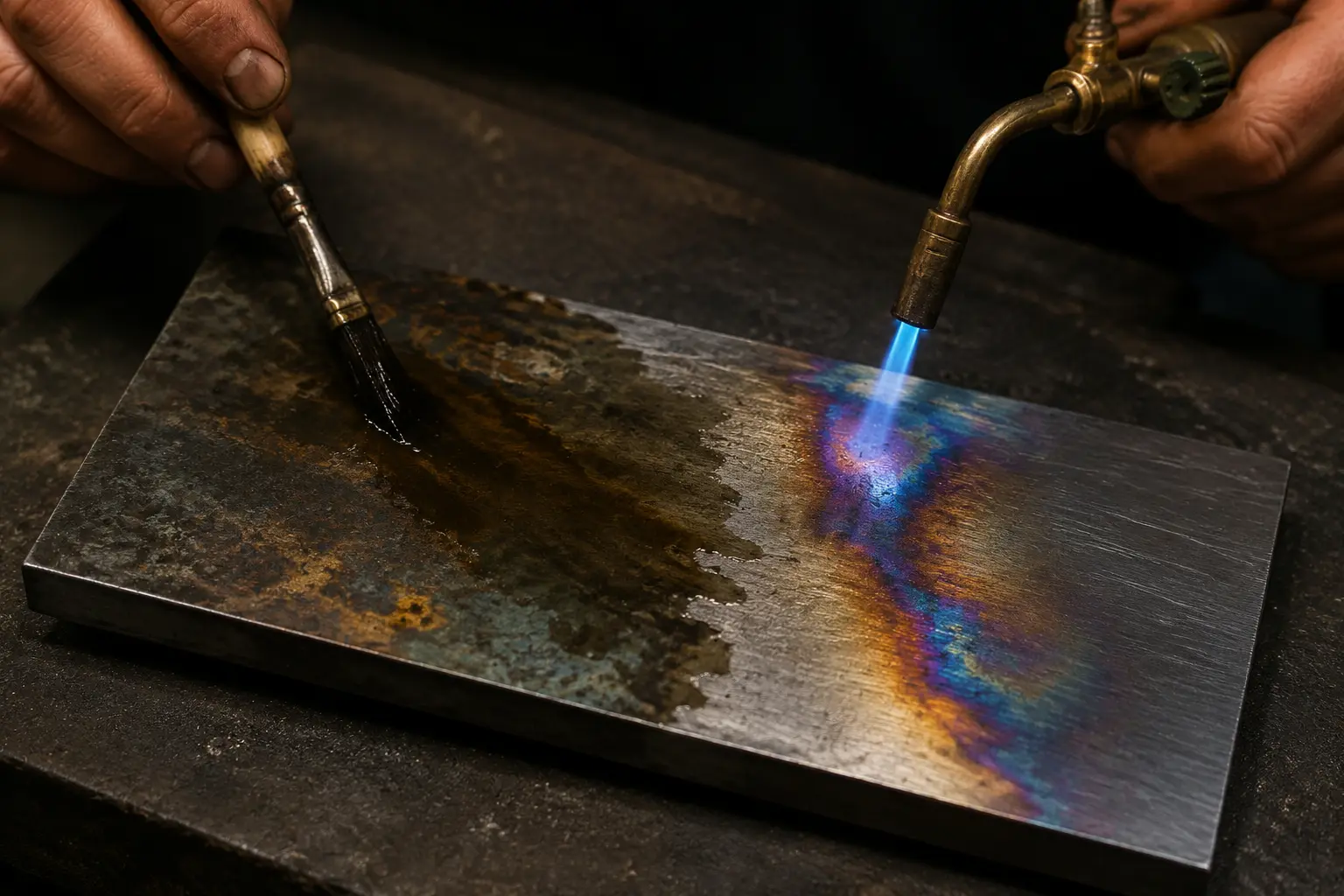 Stahlplatte wird teils chemisch patiniert und teils mit einer Flamme thermisch koloriert