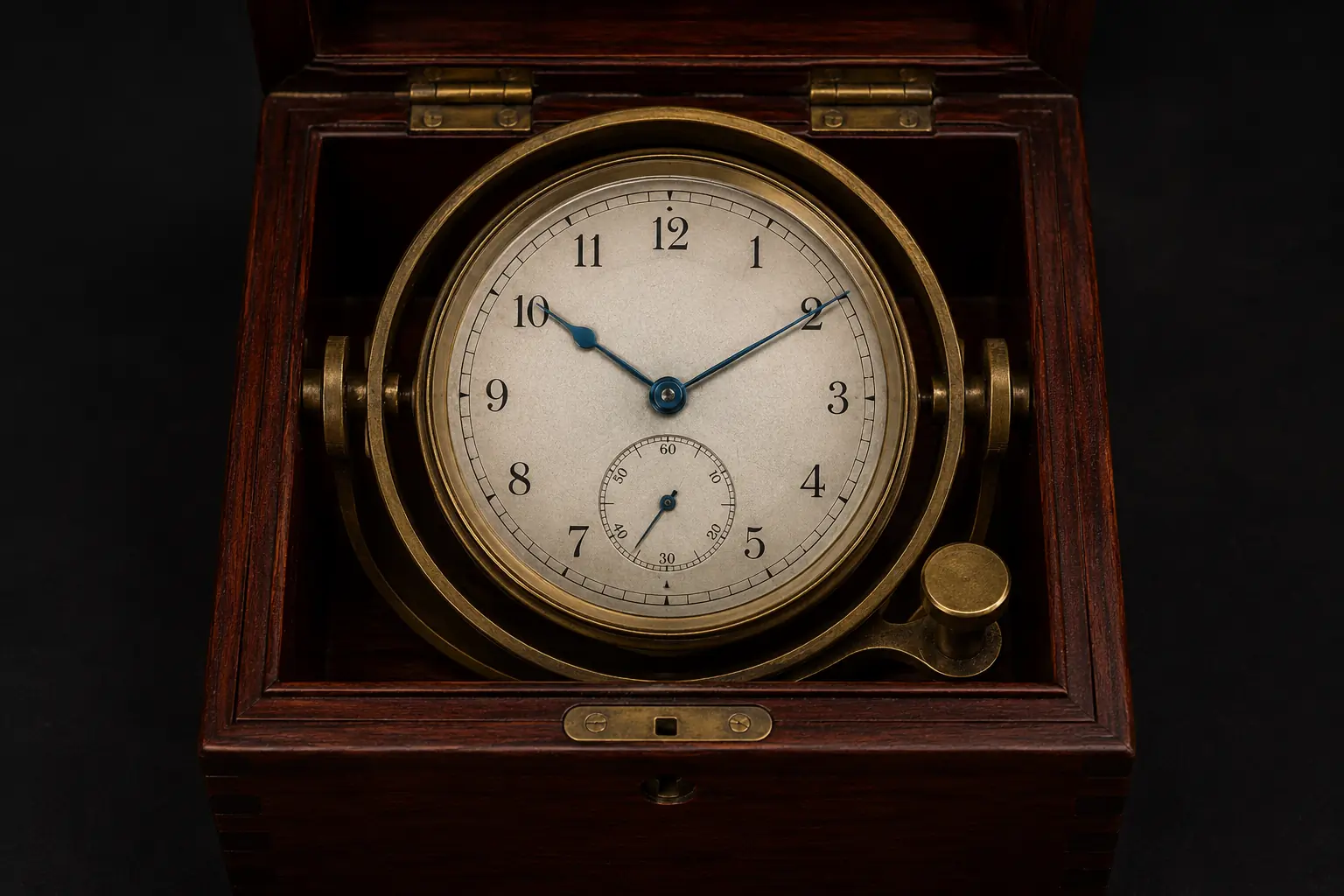 Zifferblattseite eines historischen Schiffschronometers ohne Herstellerlogo